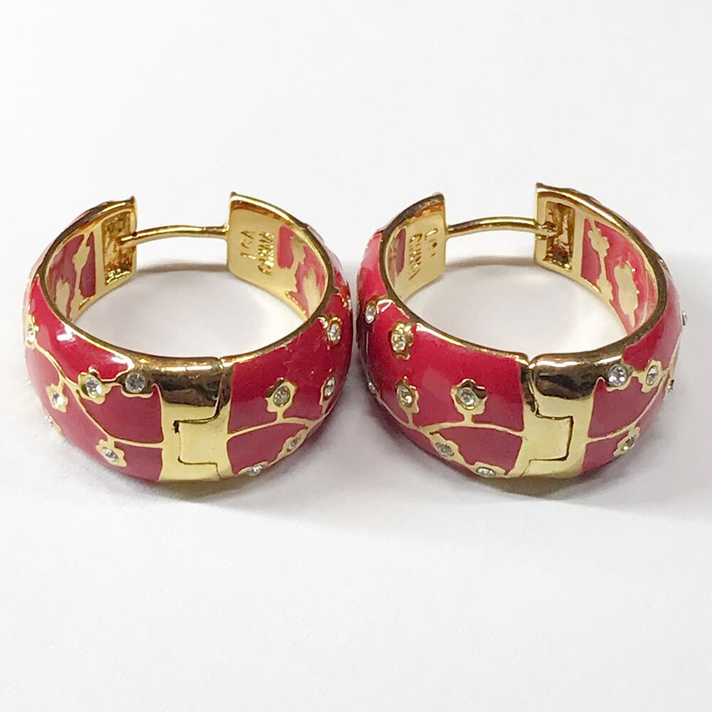 Lauren G Adams LGA Dome Tapered Hoop Earrings Gold Plated Red Enamel Rhinestone - Picture 10 of 12